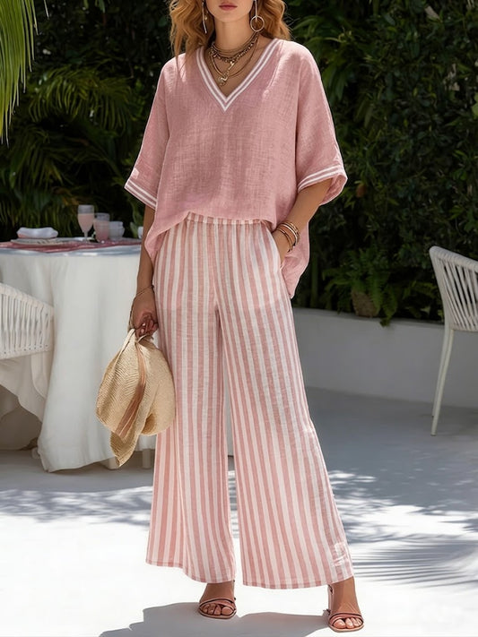 Celestine | Women's Striped Oversized V-Neck Wide-Leg Set