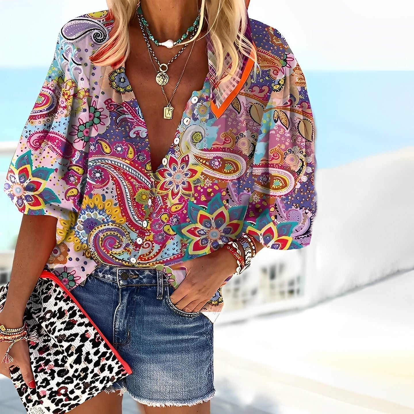 Calora | Women's Floral Boho Oversized V-Neck Blouse
