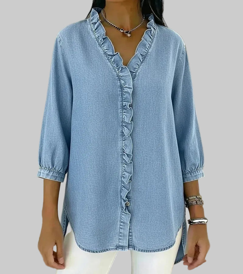 Zelandriya | Women's Ruffle Oversized V-Neck Workwear Blouse
