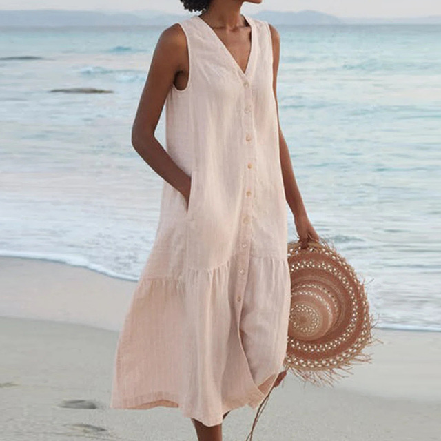 Floriana | Women's Midi No-Sleeve Buttoned Dress