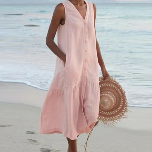 Floriana | Women's Midi No-Sleeve Buttoned Dress
