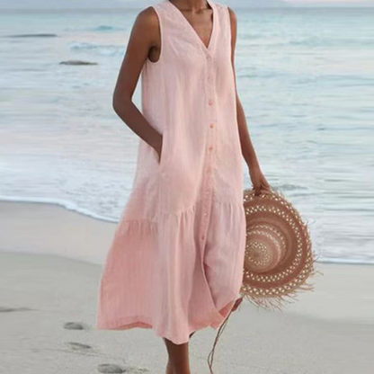 Floriana | Women's Midi No-Sleeve Buttoned Dress