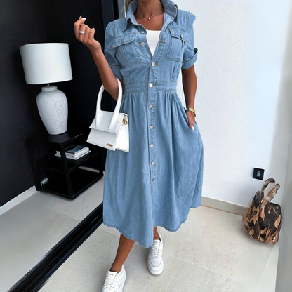Rosamund | Women's Midi Puff-Sleeve Denim Dress