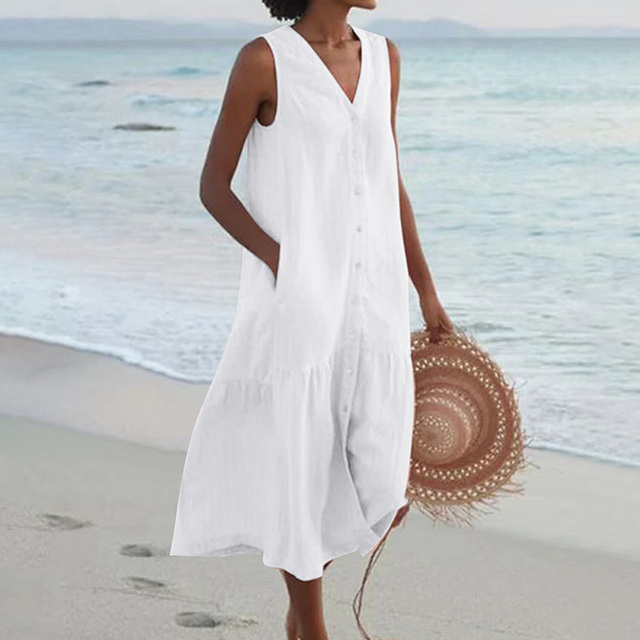 Floriana | Women's Midi No-Sleeve Buttoned Dress