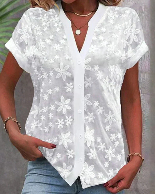 Calonda | Women's Floral Embroidered Lace V-Neck Blouse