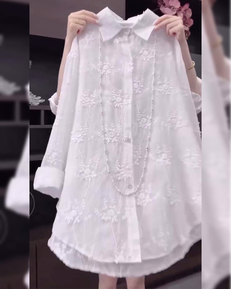 Calisa | Women's Floral Embroidered Oversized Casual Shirt