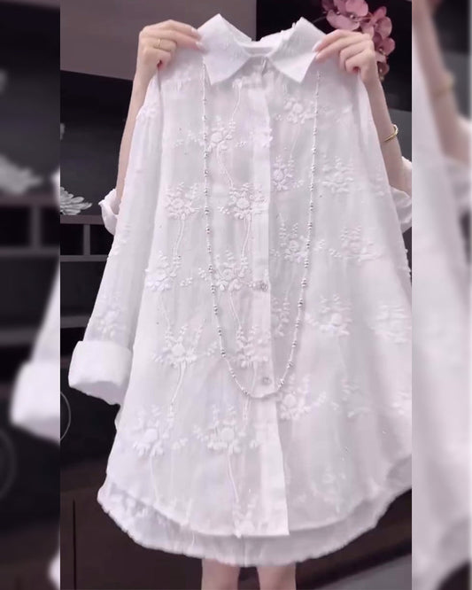 Calisa | Women's Floral Embroidered Oversized Casual Shirt