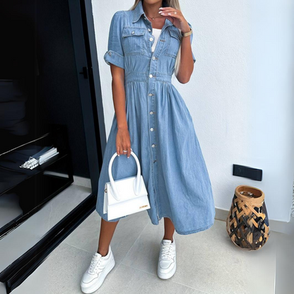 Rosamund | Women's Midi Puff-Sleeve Denim Dress