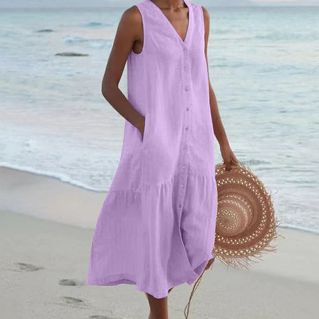 Floriana | Women's Midi No-Sleeve Buttoned Dress