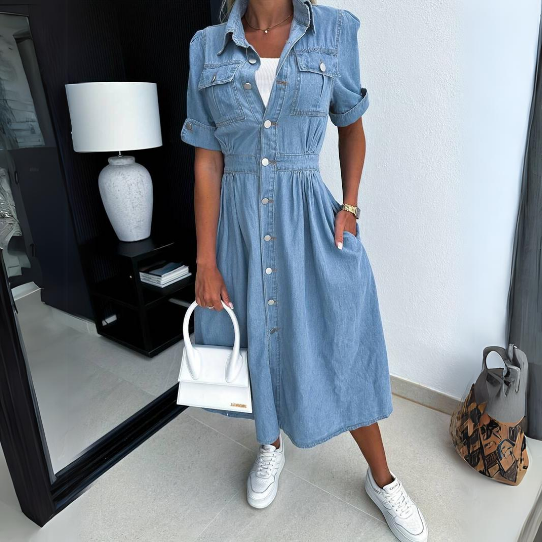 Rosamund | Women's Midi Puff-Sleeve Denim Dress