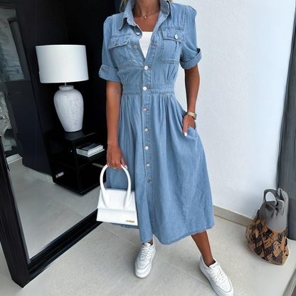Rosamund | Women's Midi Puff-Sleeve Denim Dress