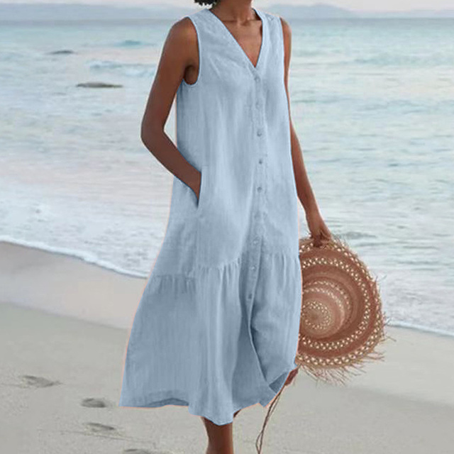 Floriana | Women's Midi No-Sleeve Buttoned Dress