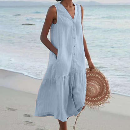 Floriana | Women's Midi No-Sleeve Buttoned Dress