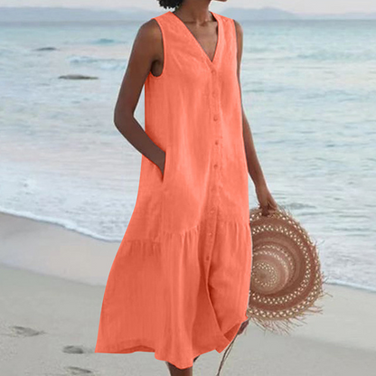 Floriana | Women's Midi No-Sleeve Buttoned Dress