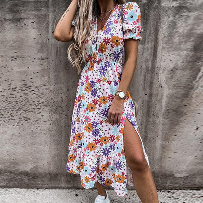 Amabel | Women's Midi Floral Smocked Puff-Sleeve Dress