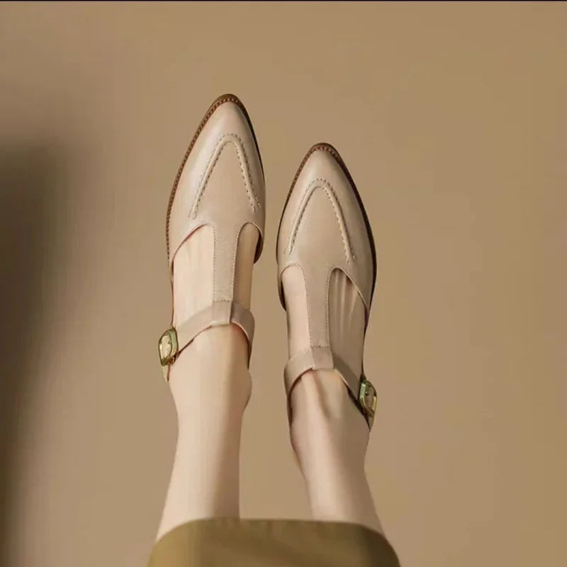 Neve | Women's Lace Workwear T-Strap Flats