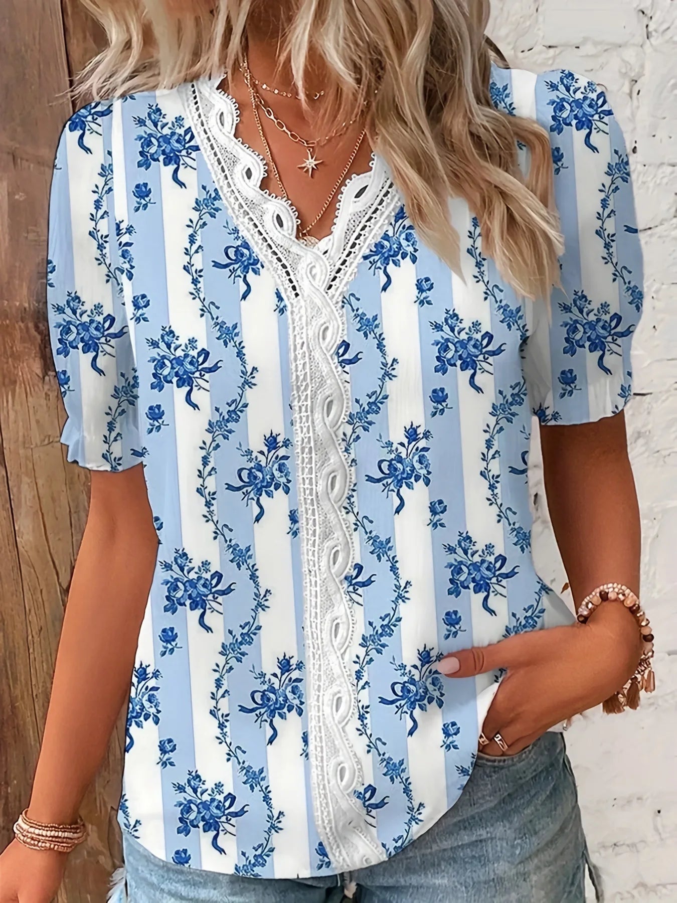 Malema | Women's Floral Lace Oversized V-Neck Blouse