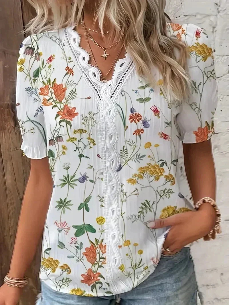 Malema | Women's Floral Lace Oversized V-Neck Blouse