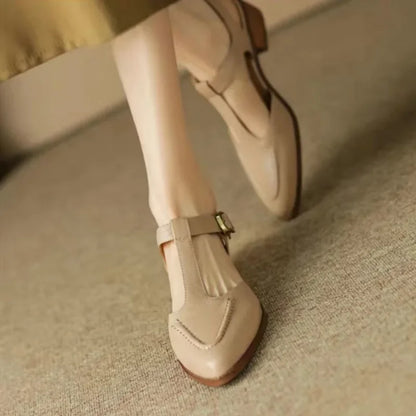 Neve | Women's Lace Workwear T-Strap Flats