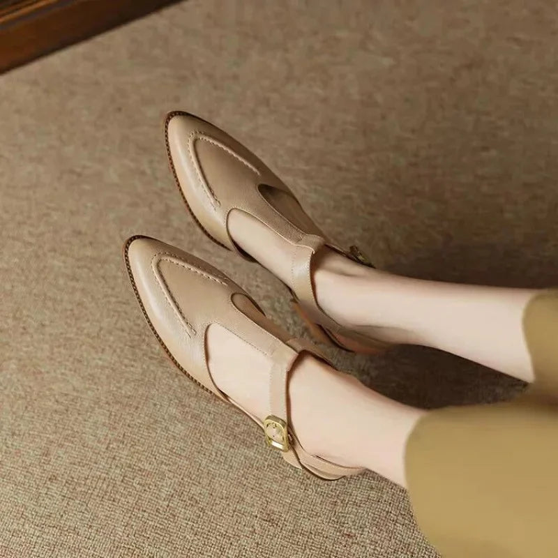 Neve | Women's Lace Workwear T-Strap Flats