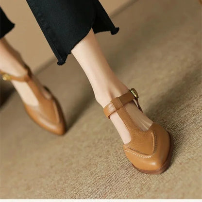 Neve | Women's Lace Workwear T-Strap Flats