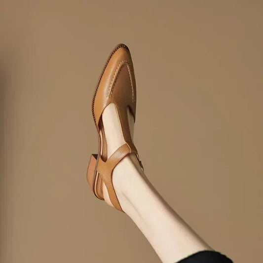 Neve | Women's Lace Workwear T-Strap Flats