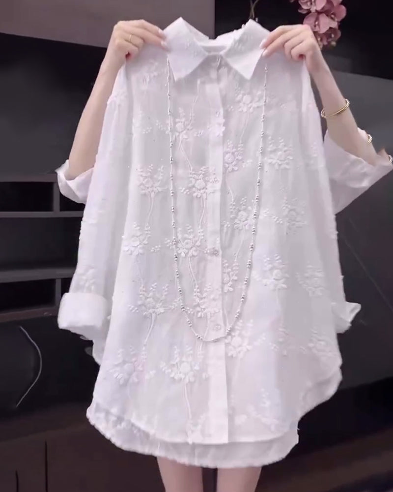 Calisa | Women's Floral Embroidered Oversized Casual Shirt