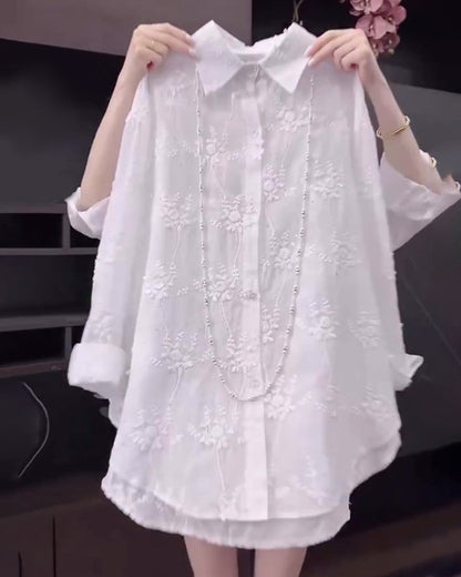 Calisa | Women's Floral Embroidered Oversized Casual Shirt