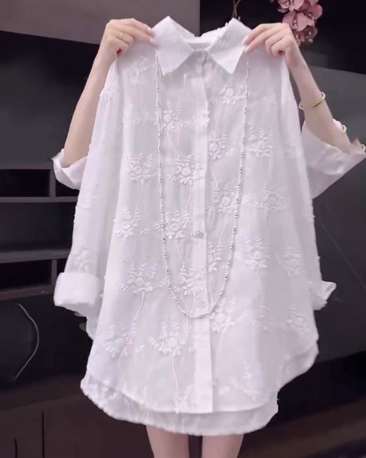 Calisa | Women's Floral Embroidered Oversized Casual Shirt