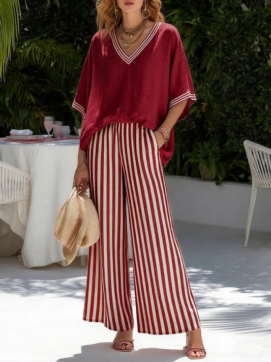 Celestine | Women's Striped Oversized V-Neck Wide-Leg Set