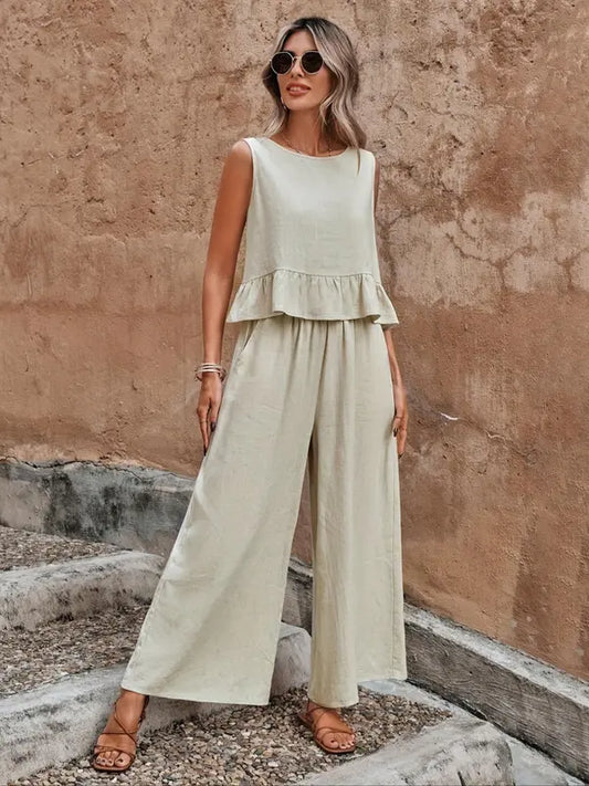 Citrine | Women's Lace Ruffle Wide-Leg Casual Set
