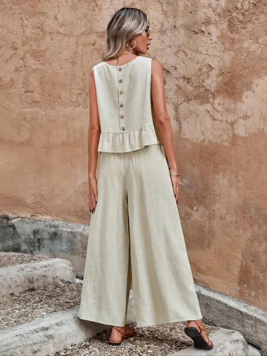 Citrine | Women's Lace Ruffle Wide-Leg Casual Set