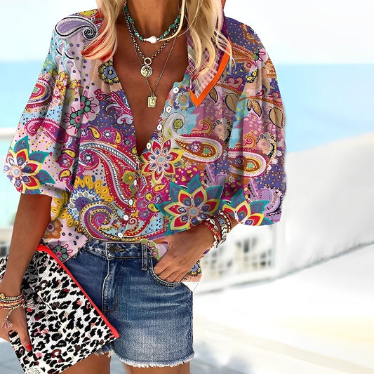 Calora | Women's Floral Boho Oversized V-Neck Blouse
