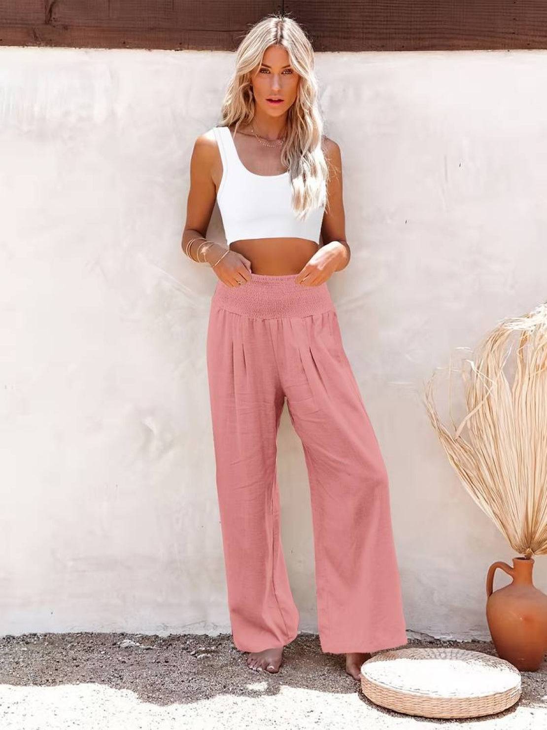 Herminia | Women's Smocked Wide-Leg Summer Trousers