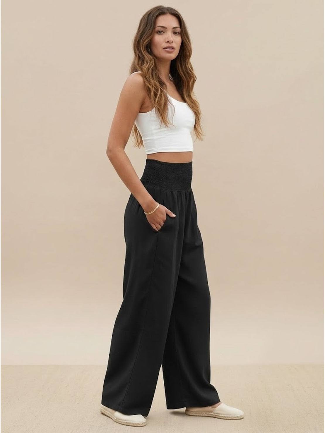 Herminia | Women's Smocked Wide-Leg Summer Trousers
