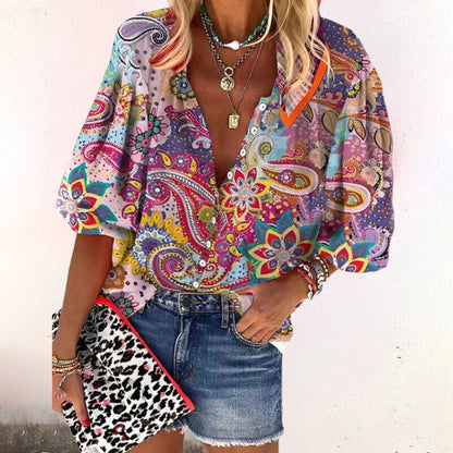 Veliva | Women's Floral Boho Oversized Casual Blouse