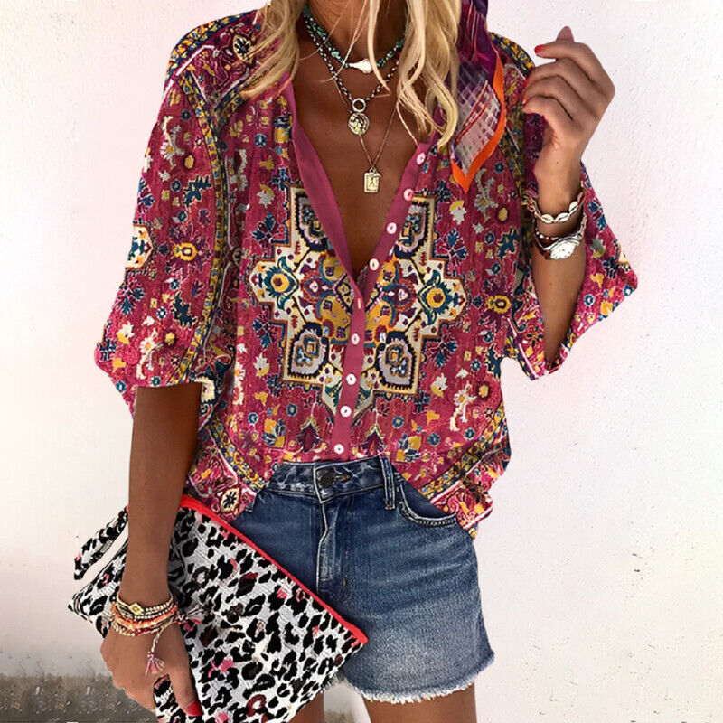 Veliva | Women's Floral Boho Oversized Casual Blouse