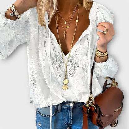 Velara | Women's Lace Oversized V-Neck Workwear Blouse