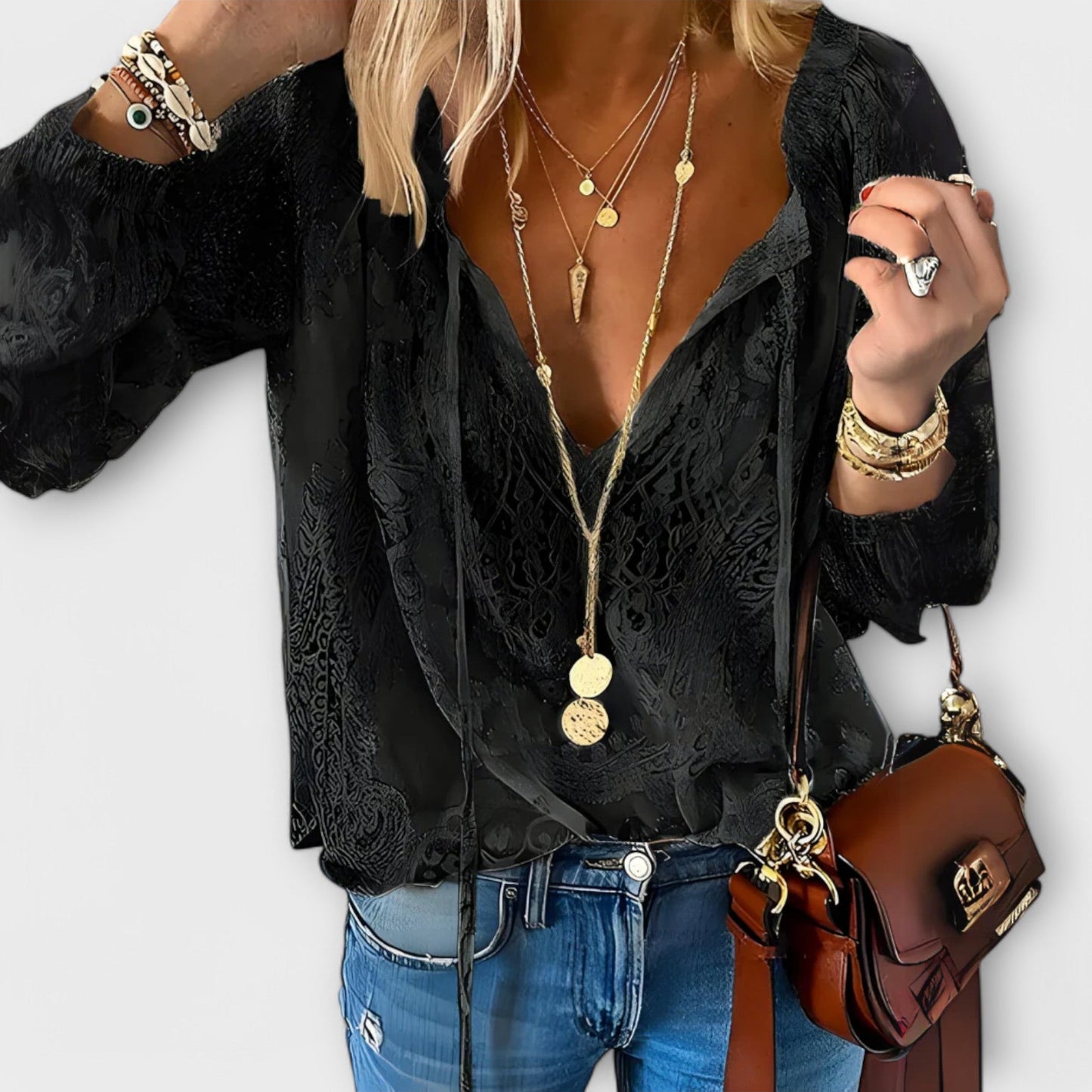 Velara | Women's Lace Oversized V-Neck Workwear Blouse