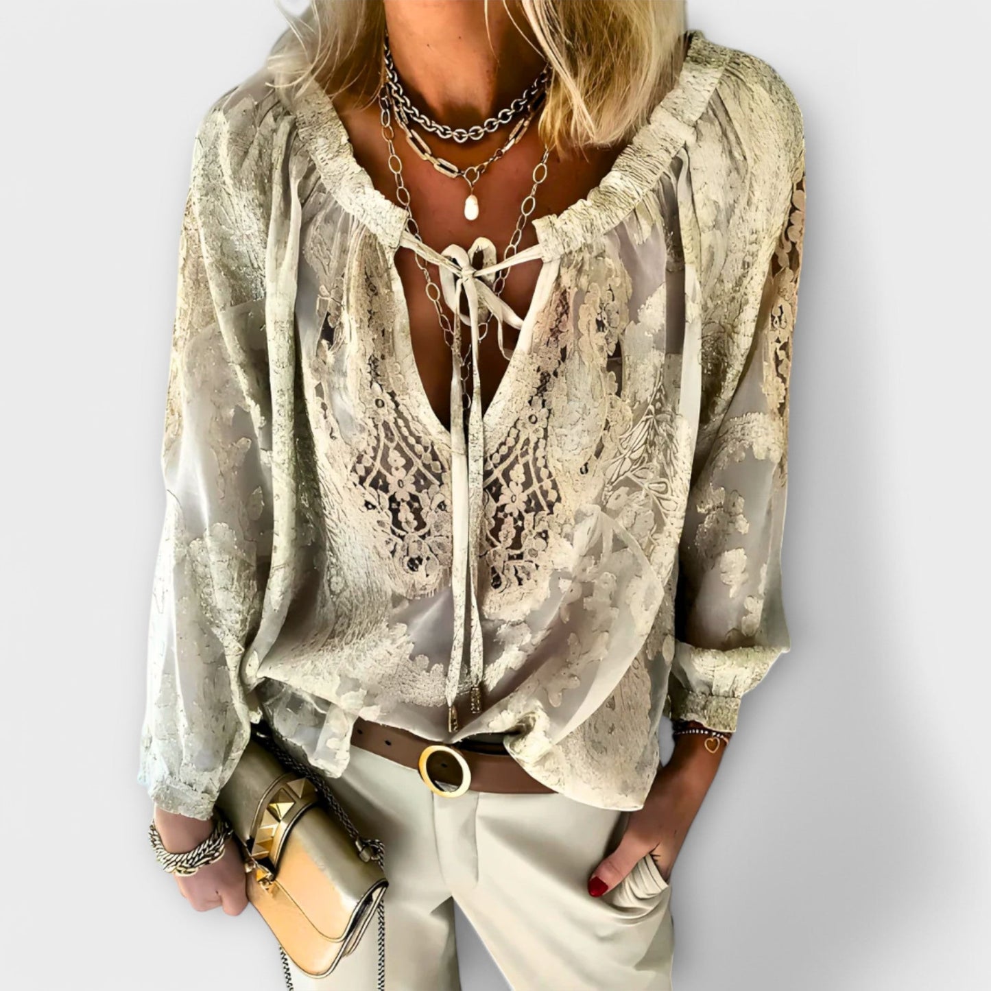Velara | Women's Lace Oversized V-Neck Workwear Blouse