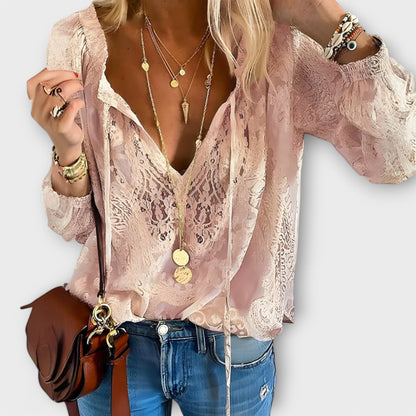 Velara | Women's Lace Oversized V-Neck Workwear Blouse