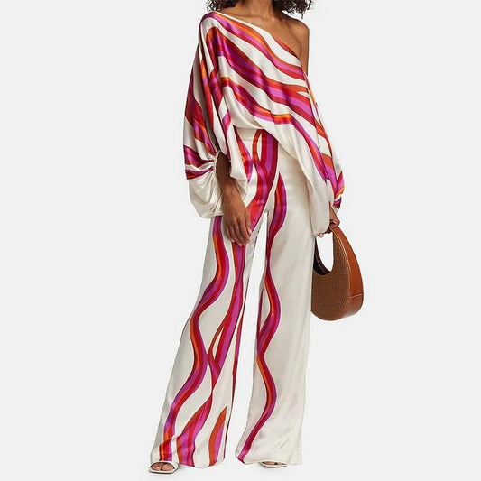 Heliodor | Women's Striped Off-Shoulder Wide-Leg Summer Trousers
