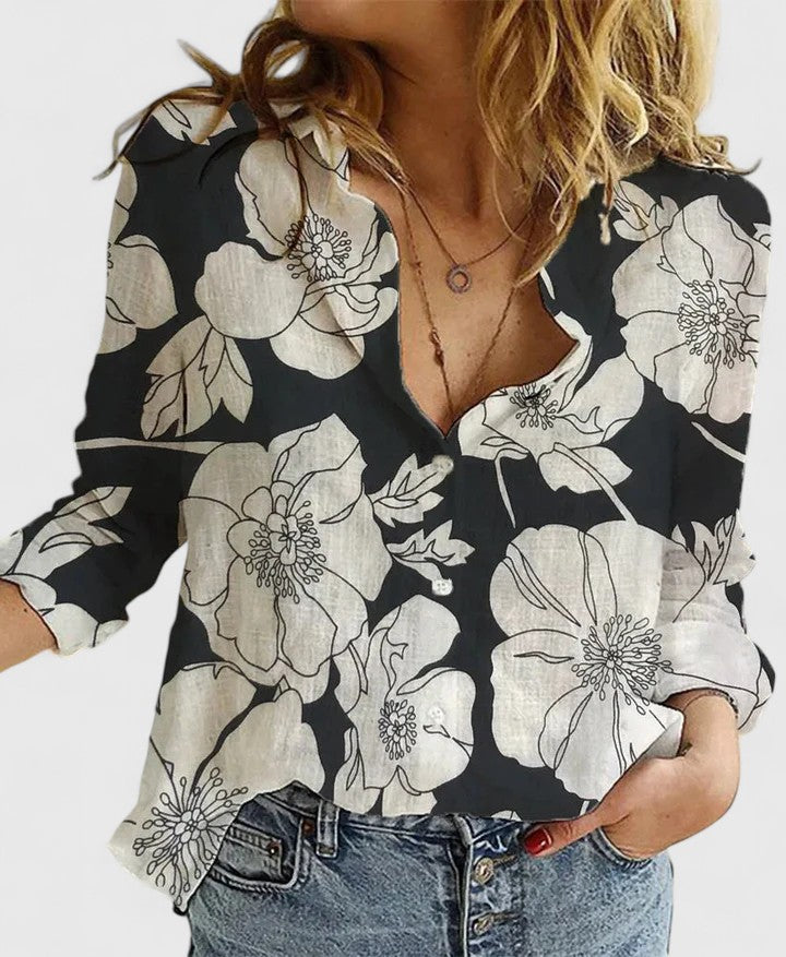 Calinda | Women's Floral Oversized V-Neck Workwear Blouse