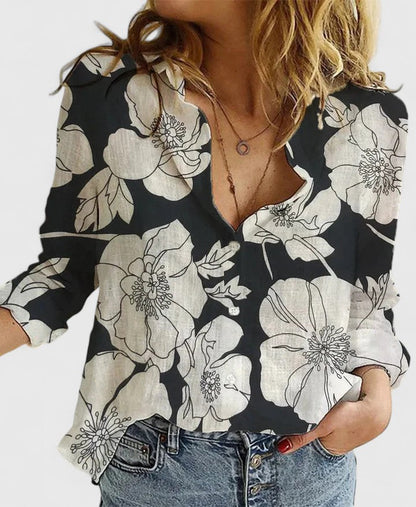 Calinda | Women's Floral Oversized V-Neck Workwear Blouse