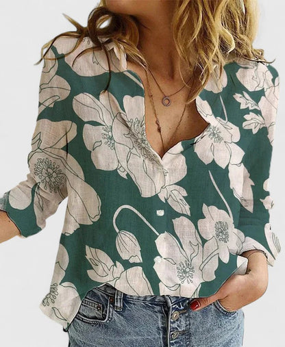 Calinda | Women's Floral Oversized V-Neck Workwear Blouse