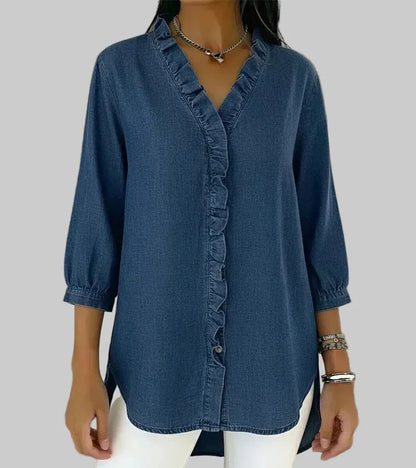 Zelandriya | Women's Ruffle Oversized V-Neck Workwear Blouse
