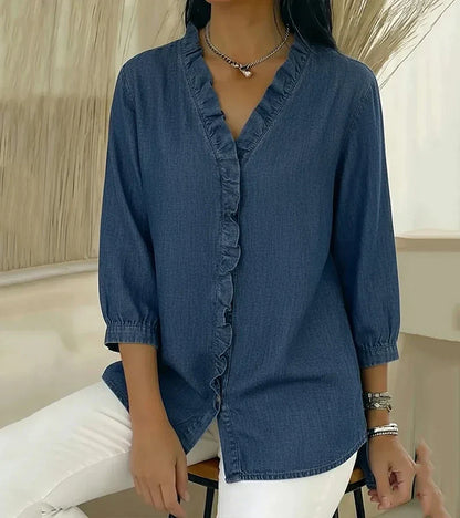Zelandriya | Women's Ruffle Oversized V-Neck Workwear Blouse