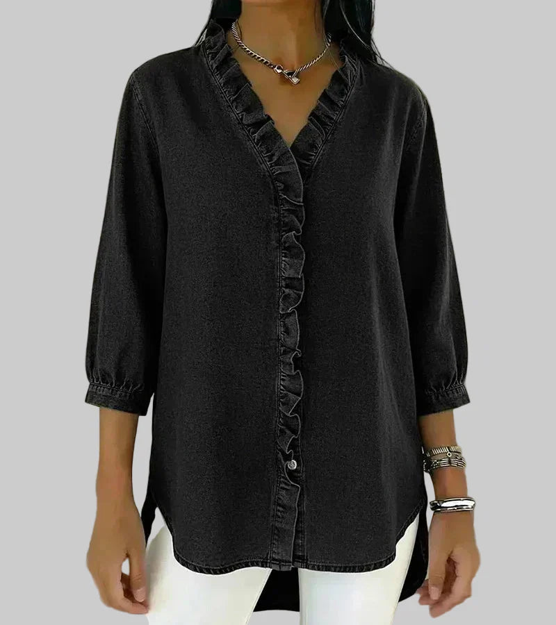 Zelandriya | Women's Ruffle Oversized V-Neck Workwear Blouse