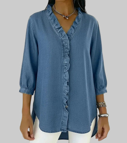 Zelandriya | Women's Ruffle Oversized V-Neck Workwear Blouse