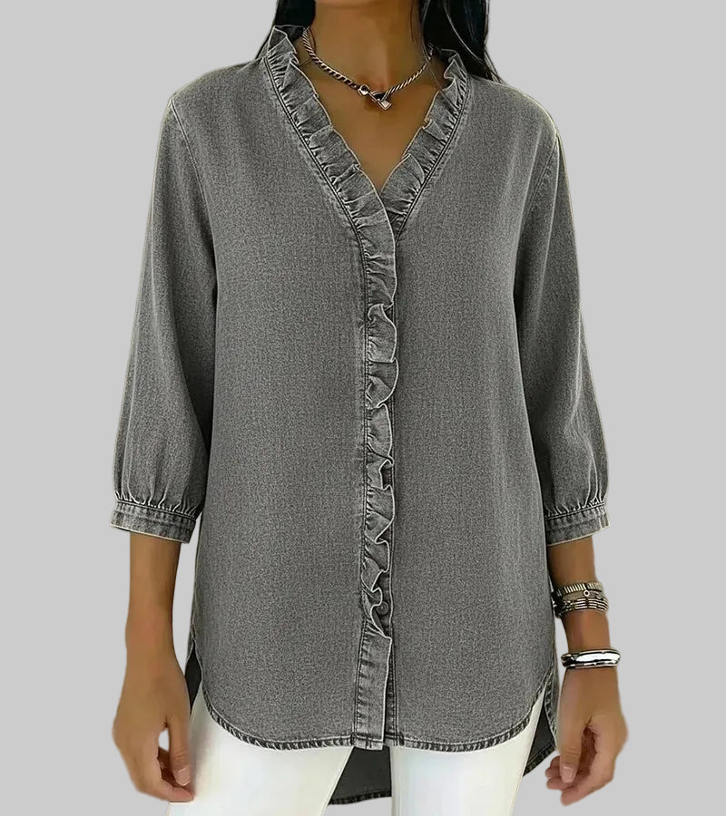 Zelandriya | Women's Ruffle Oversized V-Neck Workwear Blouse